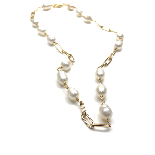MULTI PEARL & PAPERCLIP CHAIN NECKLACE
